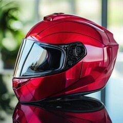 Fototapeta premium Shiny red helmet on a reflective surface.