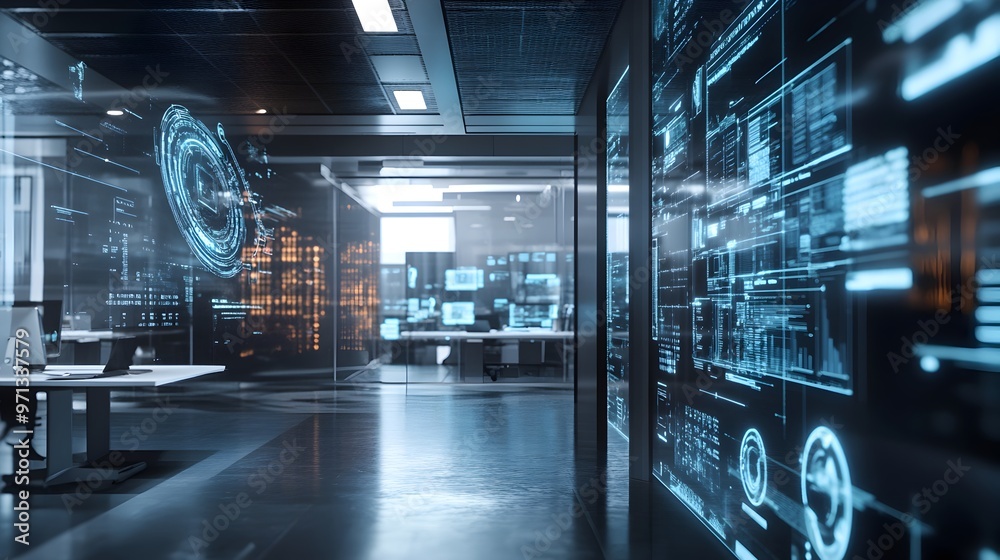 Poster futuristic ai-driven data analysis and visualization system dashboard interface with screens,sensors