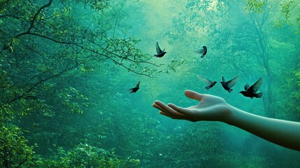 Collage of a human hand releasing birds into a forest symbolizing the nurturing role of humans in protecting environmental health serene green and blue palette