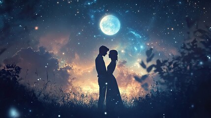 Naklejka premium Lovers exchanging a deep loving gaze under a sky full of stars soft moonlight and twinkling stars creating an ethereal romantic atmosphere