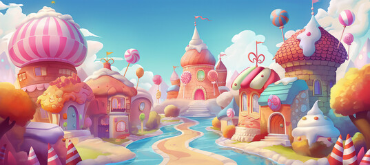 The Candy city with cake castle, houses cakes, game background, Illustration