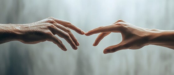 Two hands reaching towards each other but never touching symbolizing connection and the emotional gap between individuals  Copy space available for text overlay