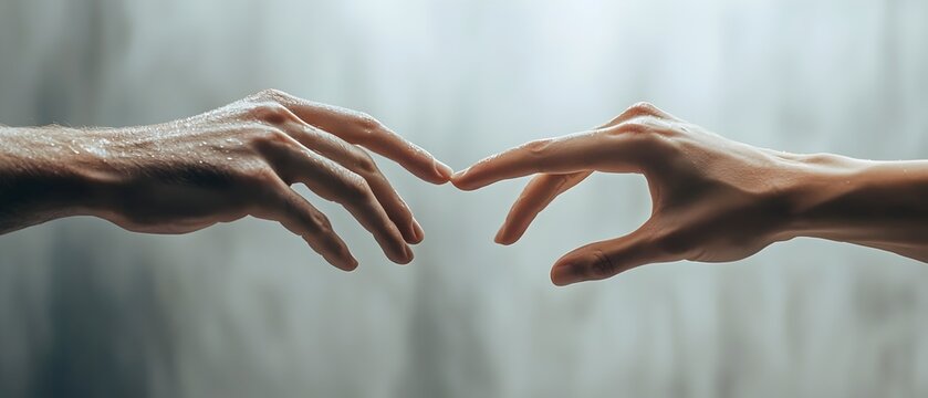 Two hands reaching towards each other but never touching symbolizing connection and the emotional gap between individuals  Copy space available for text overlay