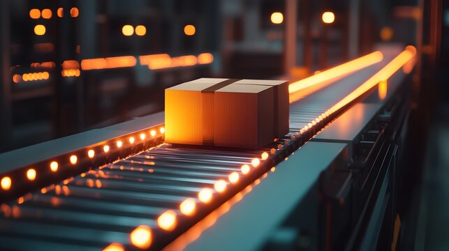 Automated warehouse system with conveyor belts transporting various boxes and goods for efficient logistics,supply chain management.