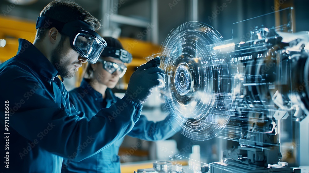Poster advanced engineering team collaborating and utilizing cutting-edge digital visualization technologie