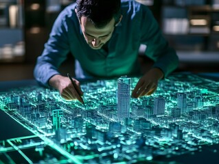Futuristic urban planner working with a detailed 3D digital model to visualize and design a smart,innovative city of the future. The model showcases advanced architectural structures.