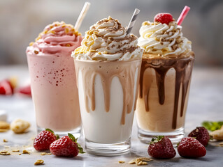 Set of hot milkshakes topped with whipped cream and fresh strawberries for dessert menus, food blogs, or cafe promotions. Strawberry, vanilla, and chocolate milkshakes for culinary ads, drink menu