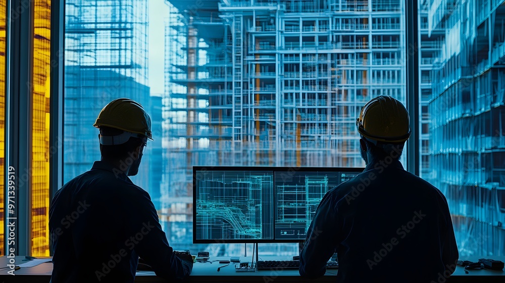 Poster two engineers examining architectural blueprints and digital data on computer screens in an urban of