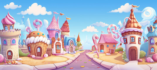 Obraz premium The Candy city with cake castle, houses cakes, game background, Illustration