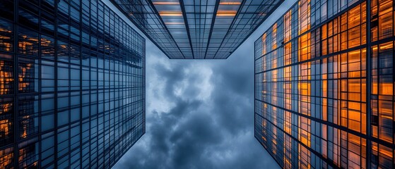 Dramatic cloudy sky framed by skyscrapers in a modern city.