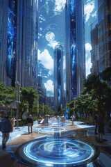 Obraz premium Modern urban plaza with holographic displays