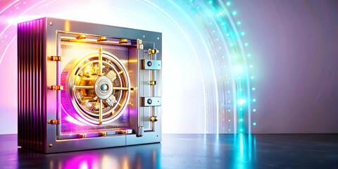 Abstract Digital Vault with Glowing Elements: Creative Art Symbolizing Financial Security and Savings in a Holographic Space