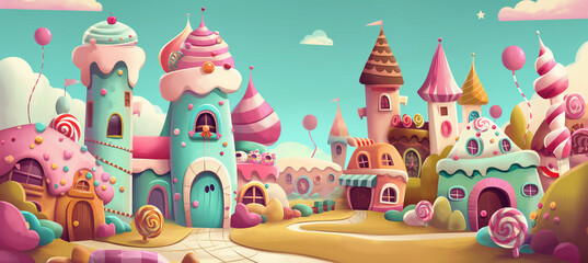 Obraz premium The Candy city with cake castle, houses cakes, game background, Illustration