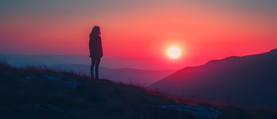 Obraz premium Breathtaking sunset fading behind a majestic mountain range casting a peaceful silhouette of a lone figure standing amidst the tranquil scenery