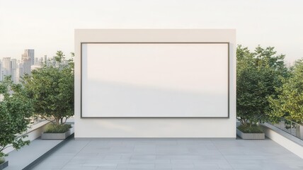 Blank rooftop banner, large poster template on a city mall roof, surrounded by trees, Minimalist, cityscape, commercial space