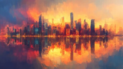 Fototapeta premium Skyline of a modern city reflected on calm water creating a beautiful oil painting effect that captures the urban landscape at sunset