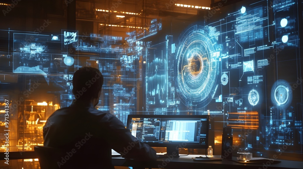 Poster Futuristic digital interface displaying real-time data analysis and visualization. Abstract technological background with holographic screens,charts.