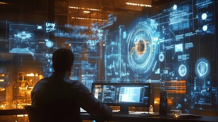 Futuristic digital interface displaying real-time data analysis and visualization. Abstract technological background with holographic screens,charts.