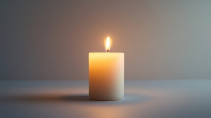 Solitary burning candle on a plain white background glowing softly with a warm light symbolizing peace and reflection in a minimalist scene