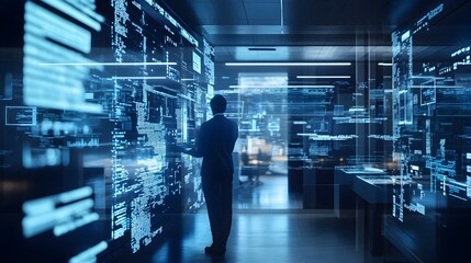 A photograph depicting a futuristic digital workspace with real-time data processing and visualization. The image showcases a high-tech environment filled with glowing matrices,servers.