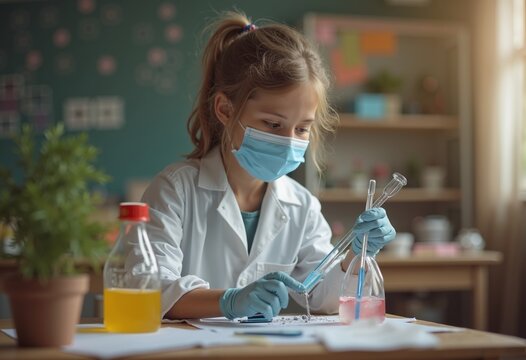 Caucasian schoolgirl child in lab coat and mask mixes vibrant liquids in beakers, exploring the wonders of science with joy