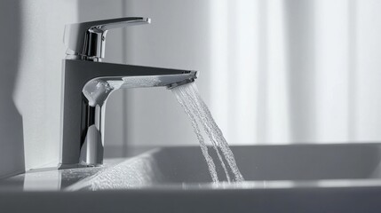 Water flowing from a sleek faucet, creating dynamic splashes on a white background, emphasizing the beauty of liquid movement and freshness in a minimalist style