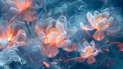 Obraz premium Ethereal and dreamlike abstract glowing flowers surrounded by swirling smoke. Vibrant hues and delicate textures blend harmoniously for an artistic, fantasy feel