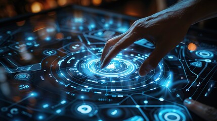 A human touch is interacting with a virtual screen icon. The icon is likely designed with a modern and sleek look. The human hand is reaching out, perhaps to select or manipulate the icon. 