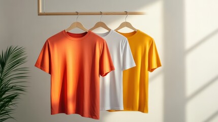 Three shirts hanging on a clothesline, one orange, one white, and one yellow