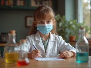 Young white girl scientist conducts experiment at home with colorful liquids on table, cozy laboratory