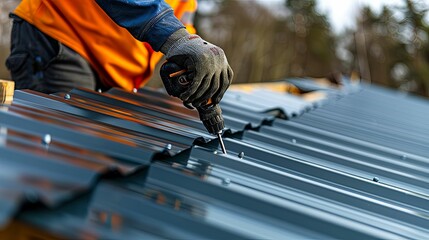 Close-up of a worker installing metal roofing with a power drill