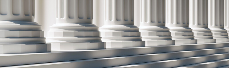 Marble columns and stairs, Classical pillars row in a building facade. Stone colonnade detail.