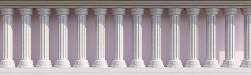 Classical building facade with stone columns in a row, marble pillars colonnade, Ancient Greek architecture.