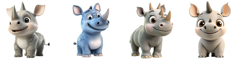 Obraz premium A cheerful collection of animated rhinoceros characters in various colors, perfect for children's themes and playful designs.
