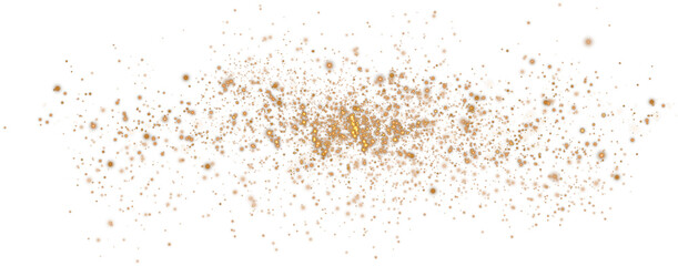 Golden glowing light effect with many glitter particles. Starry cloud with dust. Magic christmas decoration. Luminous bokeh softly shimmering golden light. Light abstract glowing lights. PNG.