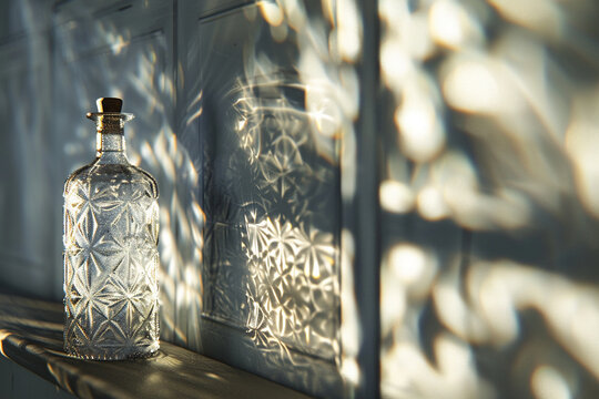 Intricate Light Reflections from a Glass Bottle on the Wall &ndash; Smooth Side Lighting Enhances Transparency, with Blurred Shadows Adding Depth and Visual Artistry