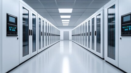 A modern data center featuring rows of servers in a clean, high-tech environment with bright lighting and efficient layout.