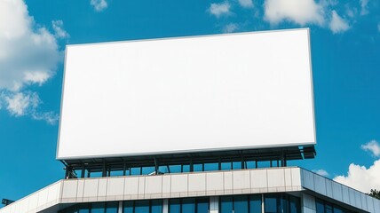 White billboard placeholder, massive rooftop ad mockup above a contemporary building, Advertising concept, urban marketing