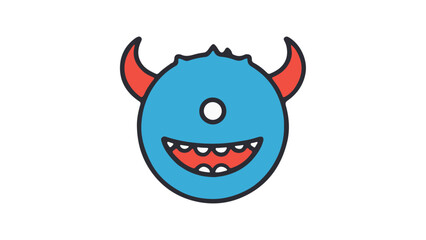 blue circle monster with red horns, smiling circle monster with red horns vector illustration