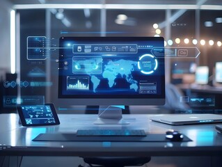 Futuristic Remote Workspace with Smart Desk and Augmented Reality Interface for Enhanced Productivity