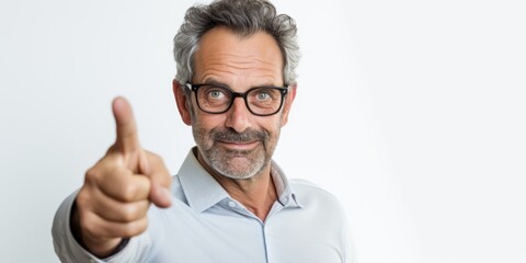 Close up of businessman hand pointing for direction, against white background. Generative AI.