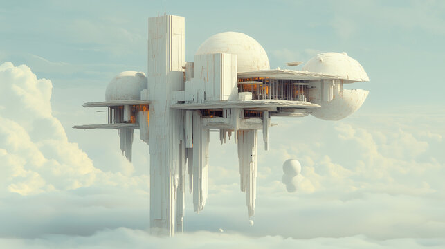 A futuristic architectural structure with large domes and angular platforms floats above the clouds. The building features glowing orange interior lights, contrasting with the soft, cloudy backdrop.