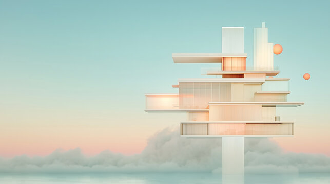 A geometric, minimalist architectural structure floats above a serene cloud layer. The soft pastel colors of the sunrise illuminate the building&rsquo;s clean lines and stacked levels.