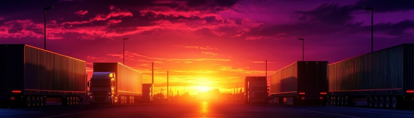 A stunning sunset view behind parked trucks, highlighting a vibrant blend of colors in the sky, perfect for transportation themes.