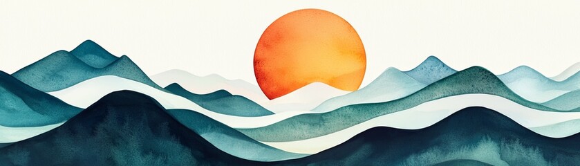 Watercolor A serene mountain landscape with a rising sun, symbolizing the journey of growth and happiness