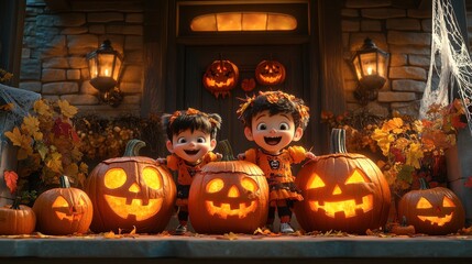 Fototapeta premium Excited kids showing off their Halloween costumes