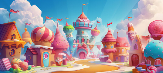 Obraz premium The Candy city with cake castle, houses cakes, game background, Illustration