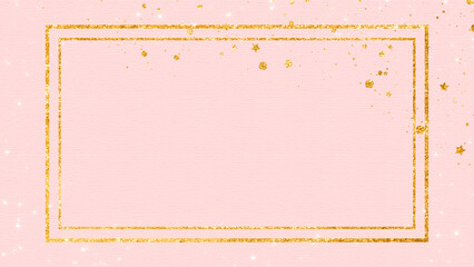 golden frame on soft pink paper texture, gold glitter shiny stars and particles, abstract cosmetic and fashion background