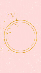 golden circle frame on soft pink paper texture, gold glitter shiny stars and particles, abstract cosmetic and fashion background