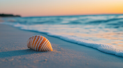 Obraz premium A close-up of a seashell lying on the sand of a quiet beach during sunrise. The soft, golden sunlight casts a warm glow, while gentle ocean waves roll in the background, creating a serene coastal atmo